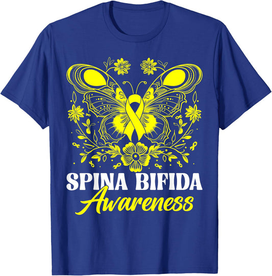 Spina Bifida Awareness Month Warrior Yellow Ribbon Butterfly T-Shirt - T-Shirt | Royal