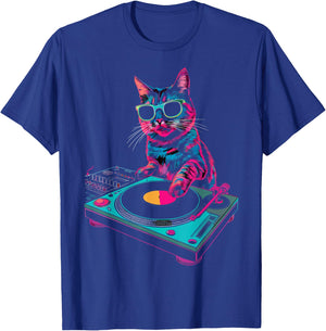 House DJ Cat Rainbow DJ Cat Kitty on Turntable Disco DJ Cat , Small, Black T-Shirt - T-Shirt | Royal