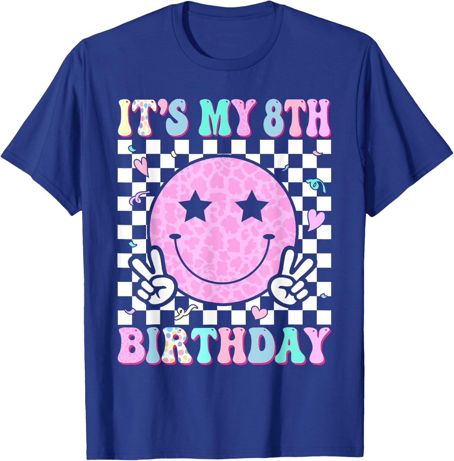 Groovy Hippie Smile Face It's My 8th Birthday 8 Years Old T-Shirt - T-Shirt | Royal