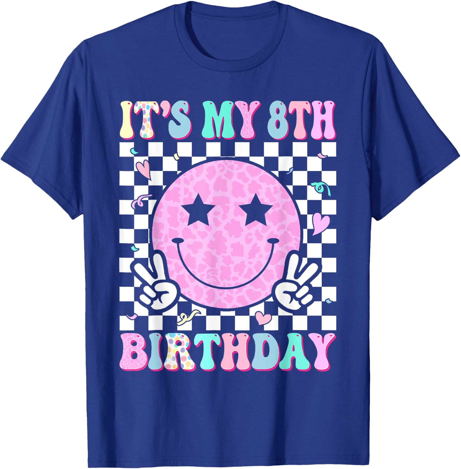 Groovy Hippie Smile Face It's My 8th Birthday 8 Years Old T-Shirt - T-Shirt | Royal
