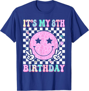 Groovy Hippie Smile Face It's My 8th Birthday 8 Years Old T-Shirt - T-Shirt | Royal