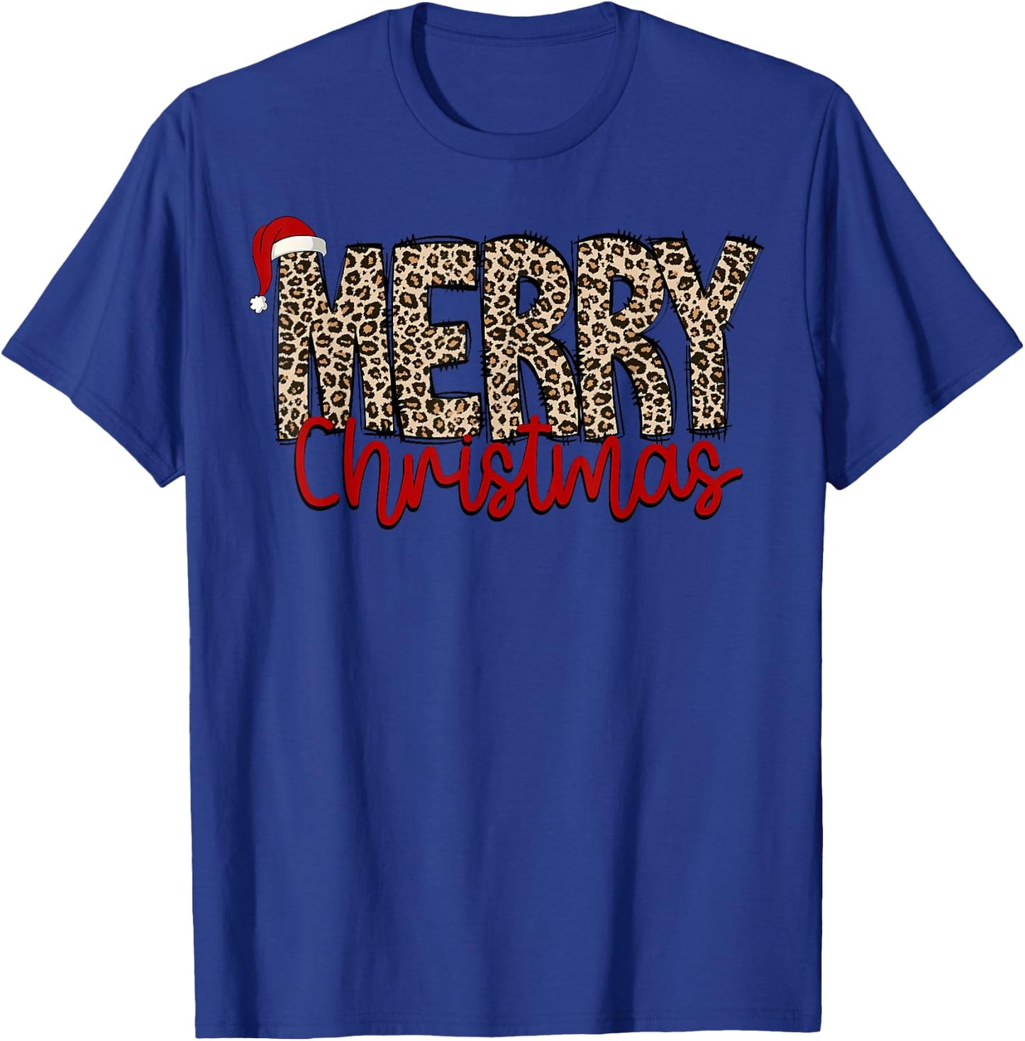 Merry Christmas Leopard Santa Hat Cheetah Print Xmas Pajamas T-Shirt - T-Shirt | Royal