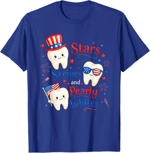 Patriotic Dental 4th of July Stars Stripes and Pearly Whites T-Shirt - T-Shirt | Royal