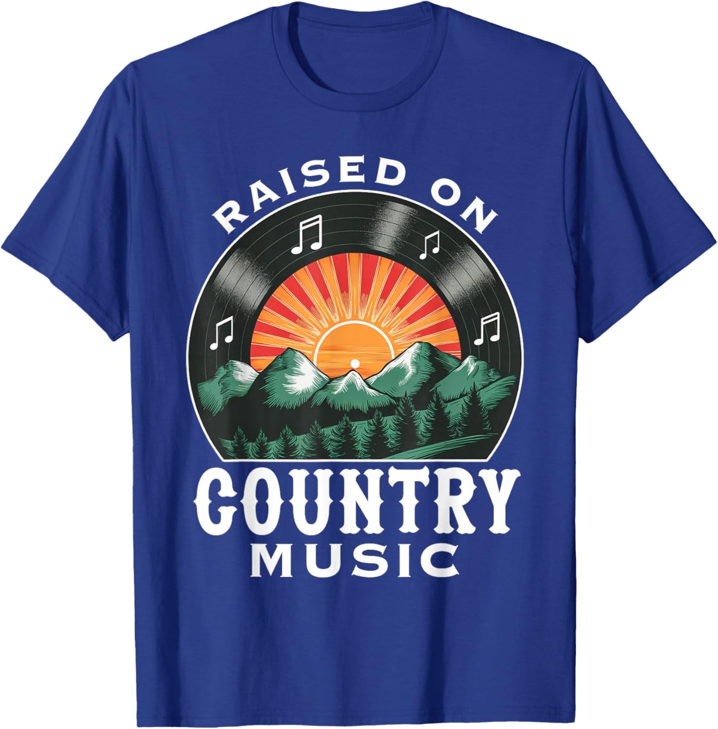 Raised on Country Music Vinyl Vintage Sunset and Mountains T-Shirt - T-Shirt | Royal