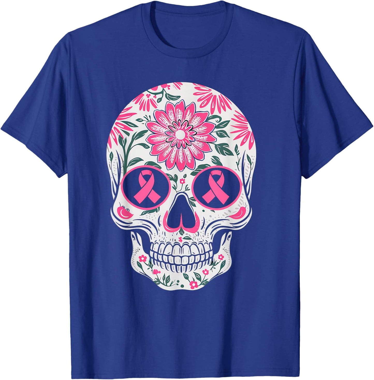Pink Ribbon Skull Skeleton Breast Cancer Awareness T-Shirt - T-Shirt | Royal