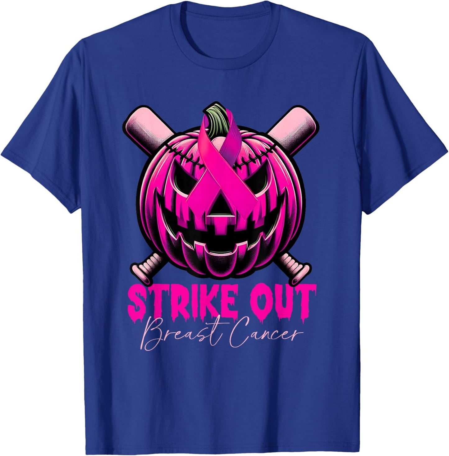 Strike Out Breast Cancer Awareness Baseball Pink Halloween T-Shirt - T-Shirt | Royal