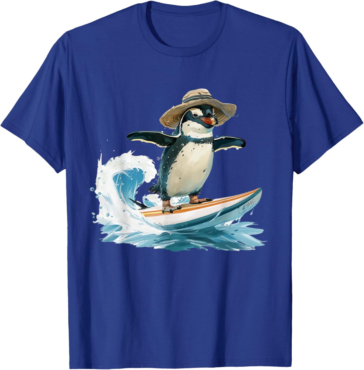 Surfing Penguin in Straw Hat Fun Beach Design Men Women T-Shirt - T-Shirt | Royal