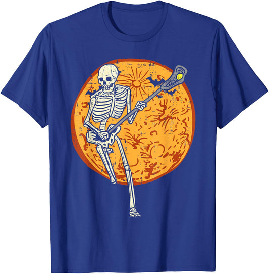 Lacrosse Skeleton Full Moon Sports Halloween Men Women T-Shirt - T-Shirt | Royal
