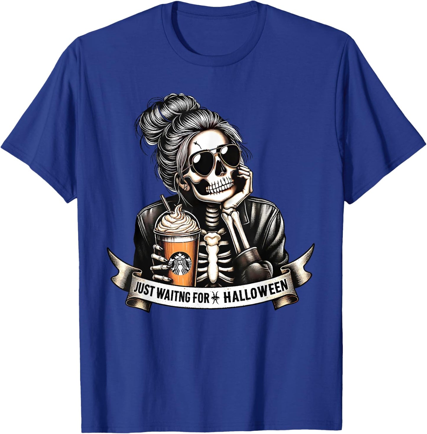 Just Waiting For Halloween Spooky Season Skeleton Coffee T-Shirt - T-Shirt | Royal