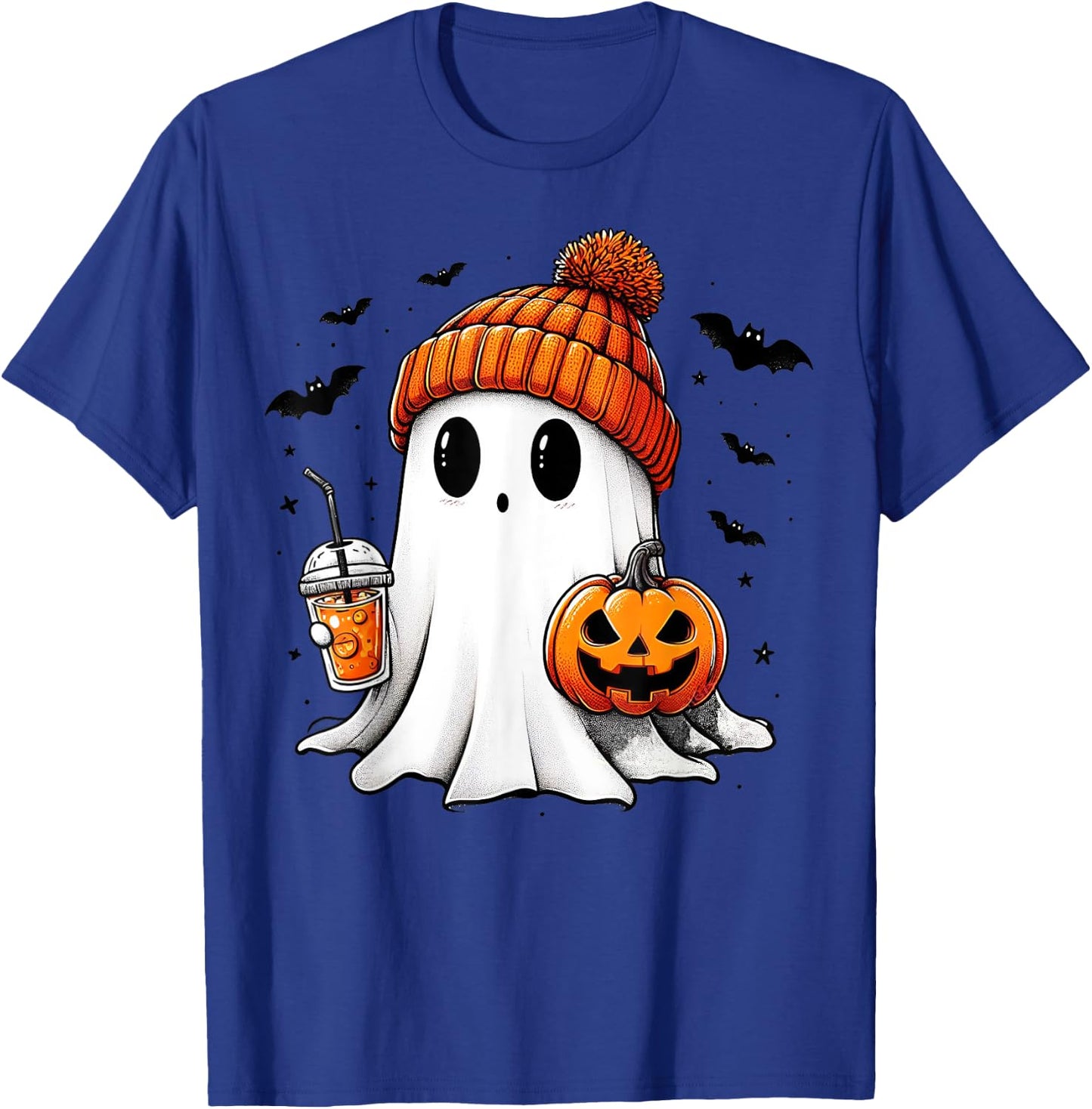 Cute Ghost Drinking Coffee Halloween Ghost Ice Coffee T-Shirt - T-Shirt | Royal