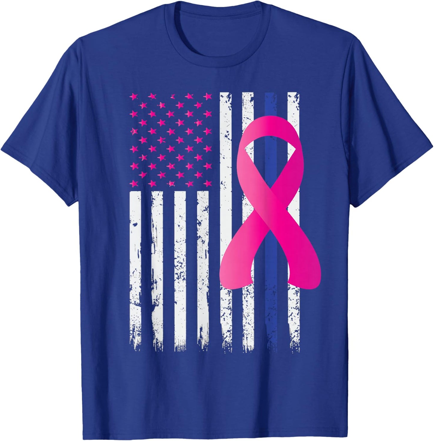 Breast Cancer Awareness Ribbon Thin Blue Line Police Flag T-Shirt - T-Shirt | Royal