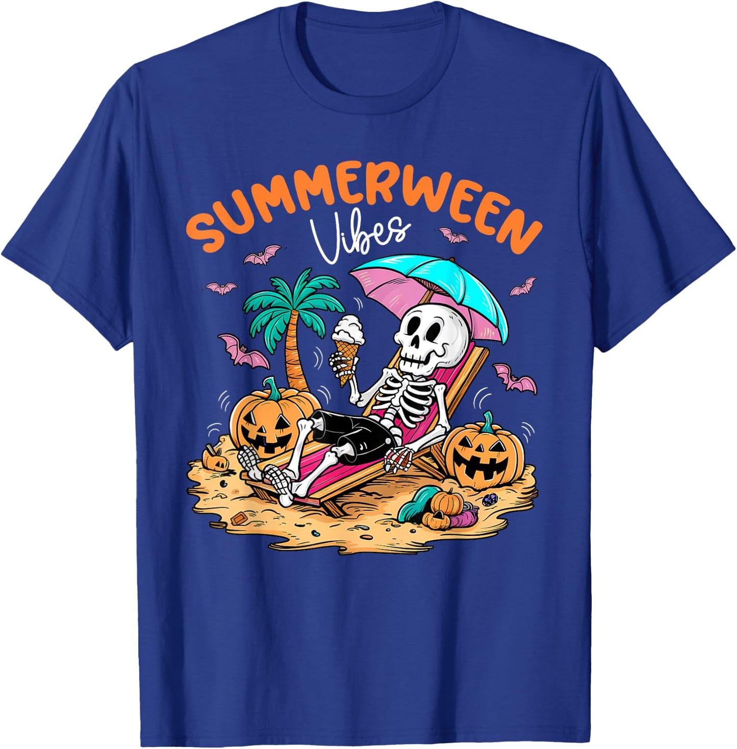 Summerween Halloween Skeleton Ice Cream Summer Vacation T-Shirt - T-Shirt | Royal