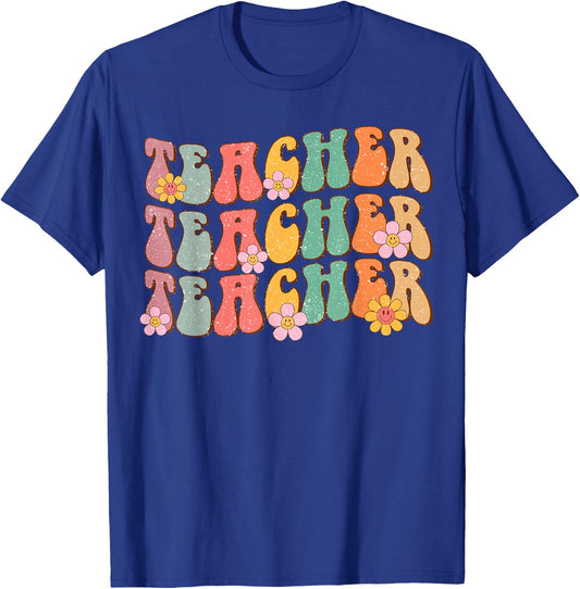 Groovy Teacher Cute Daisy Flower Retro Back to School T-Shirt - T-Shirt | Royal