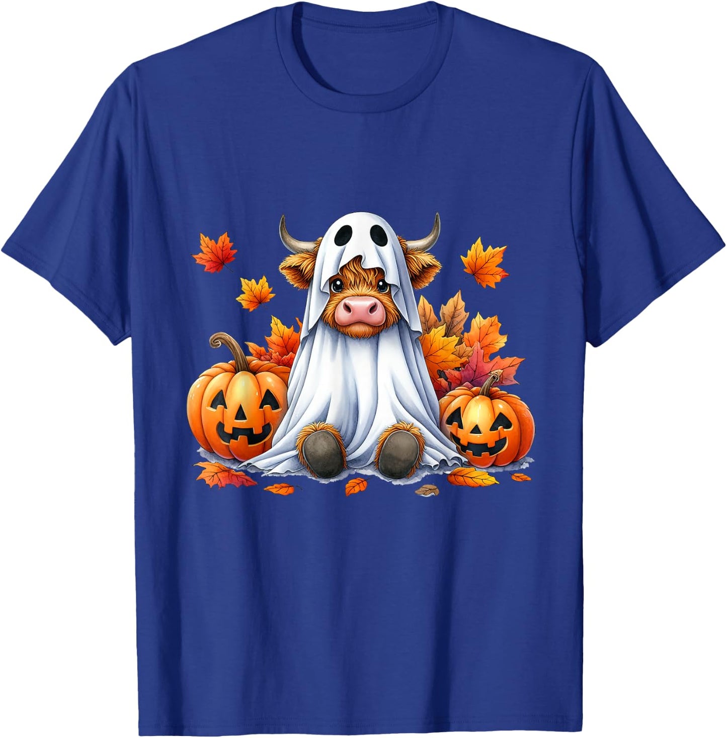 Funny Halloween Highland Cow Ghost Spooky Pumpkin Hello Fall T-Shirt - T-Shirt | Royal