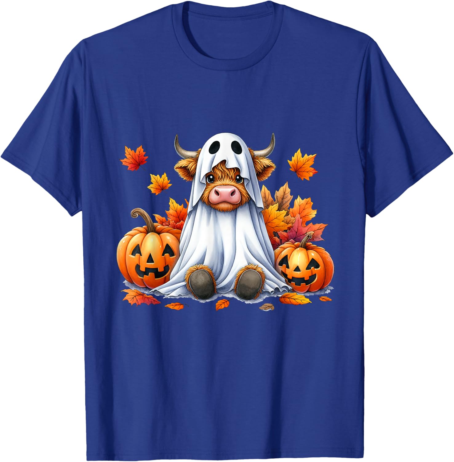 Funny Halloween Highland Cow Ghost Spooky Pumpkin Hello Fall T-Shirt - T-Shirt | Royal