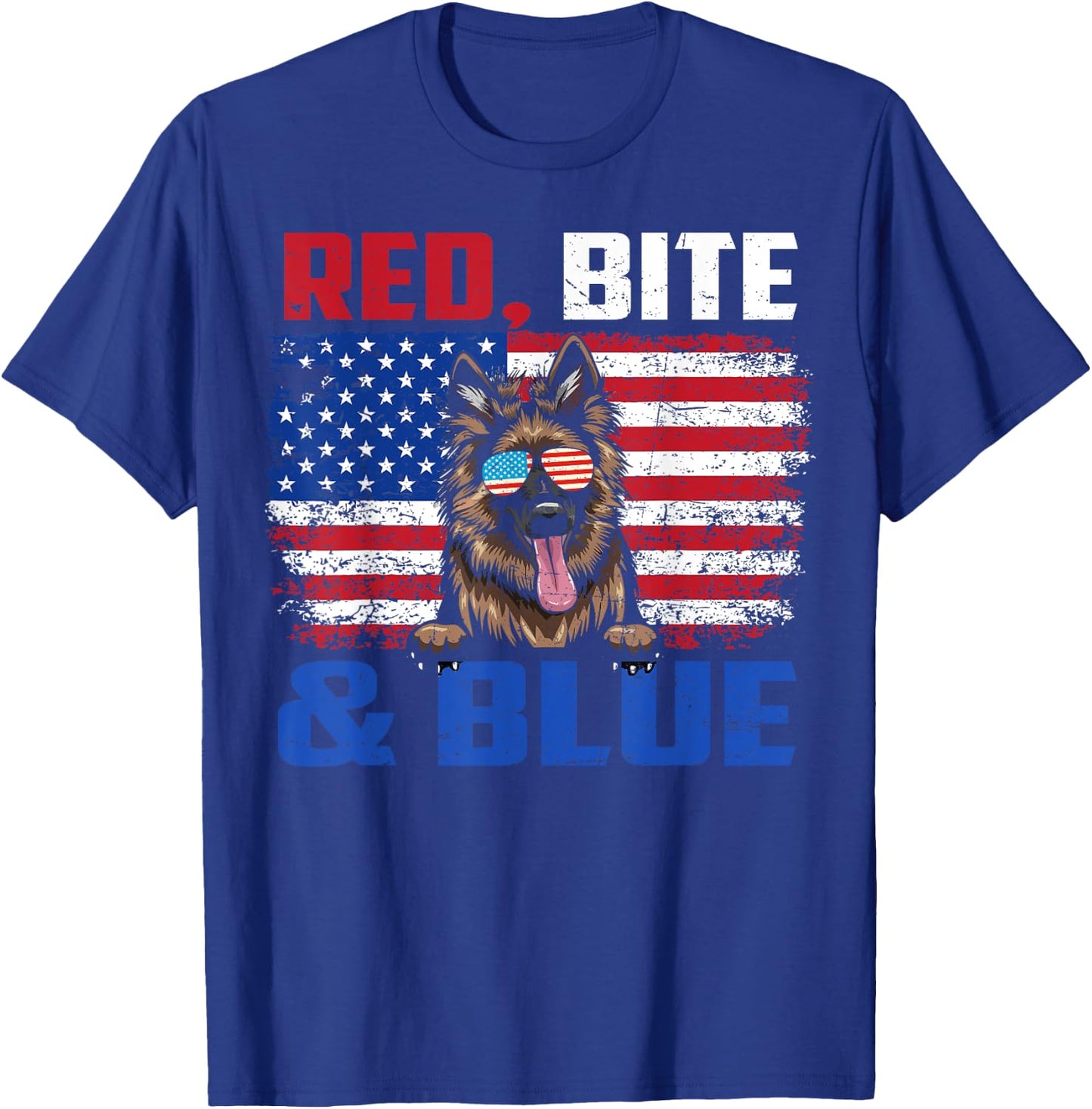 Red Bite Blue Long-Haired German Shepherd Dog 4th Of July T-Shirt - T-Shirt | Royal