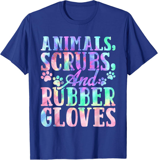 Cute Animals Scrubs and Rubber Gloves Tie Dye Vet Tech Life T-Shirt - T-Shirt | Royal
