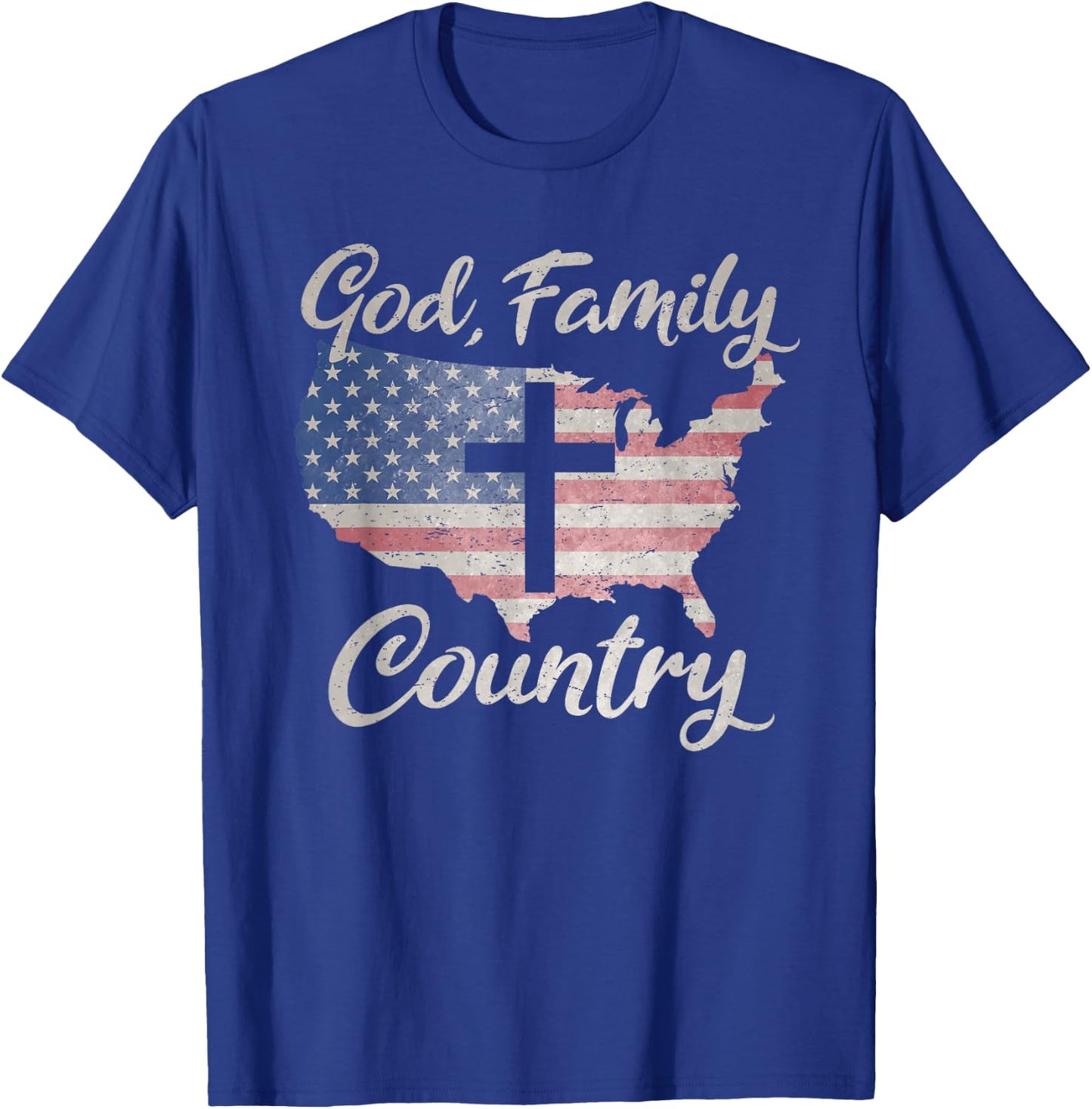 GOD FAMILY COUNTRY Christian Cross Vintage USA American Flag Women Kids Men T-Shirt - T-Shirt | Royal