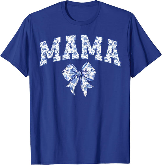 Mama Coquette Toile Blue Bow Floral Family Matching T-Shirt - T-Shirt | Royal
