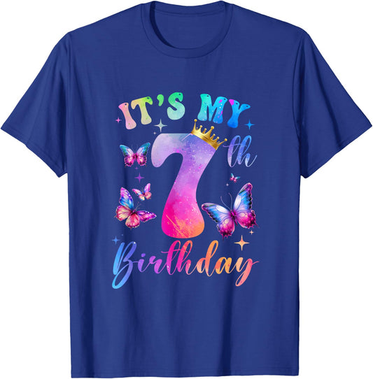 Its My 7Th Birthday Girls Butterfly Theme Party 7 Year Old T-Shirt - T-Shirt | Royal
