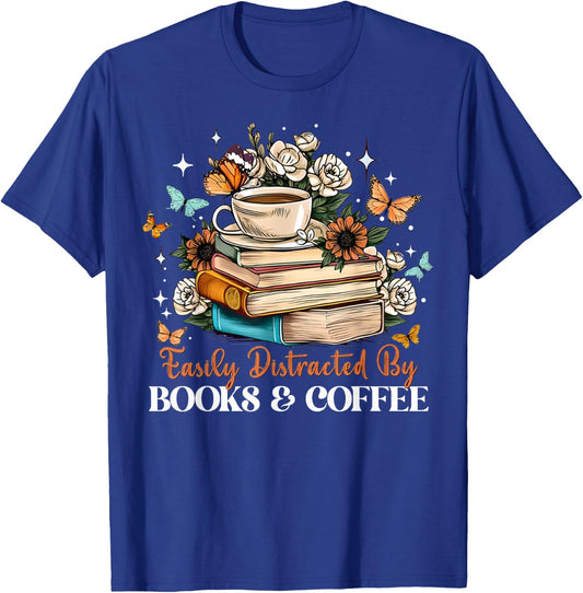 Easily Distracted by Books & Coffee Floral Book Lover Retro T-Shirt - T-Shirt | Royal