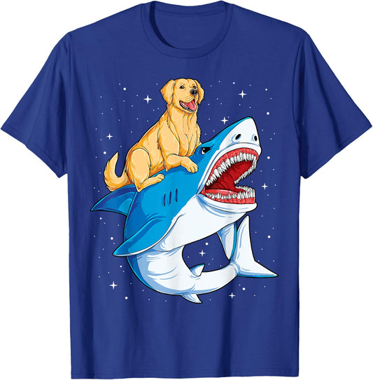 Golden Retriever Riding Shark Jawsome Dog Lover Galaxy Space Men Women Girls Kids T-Shirt - T-Shirt | Royal