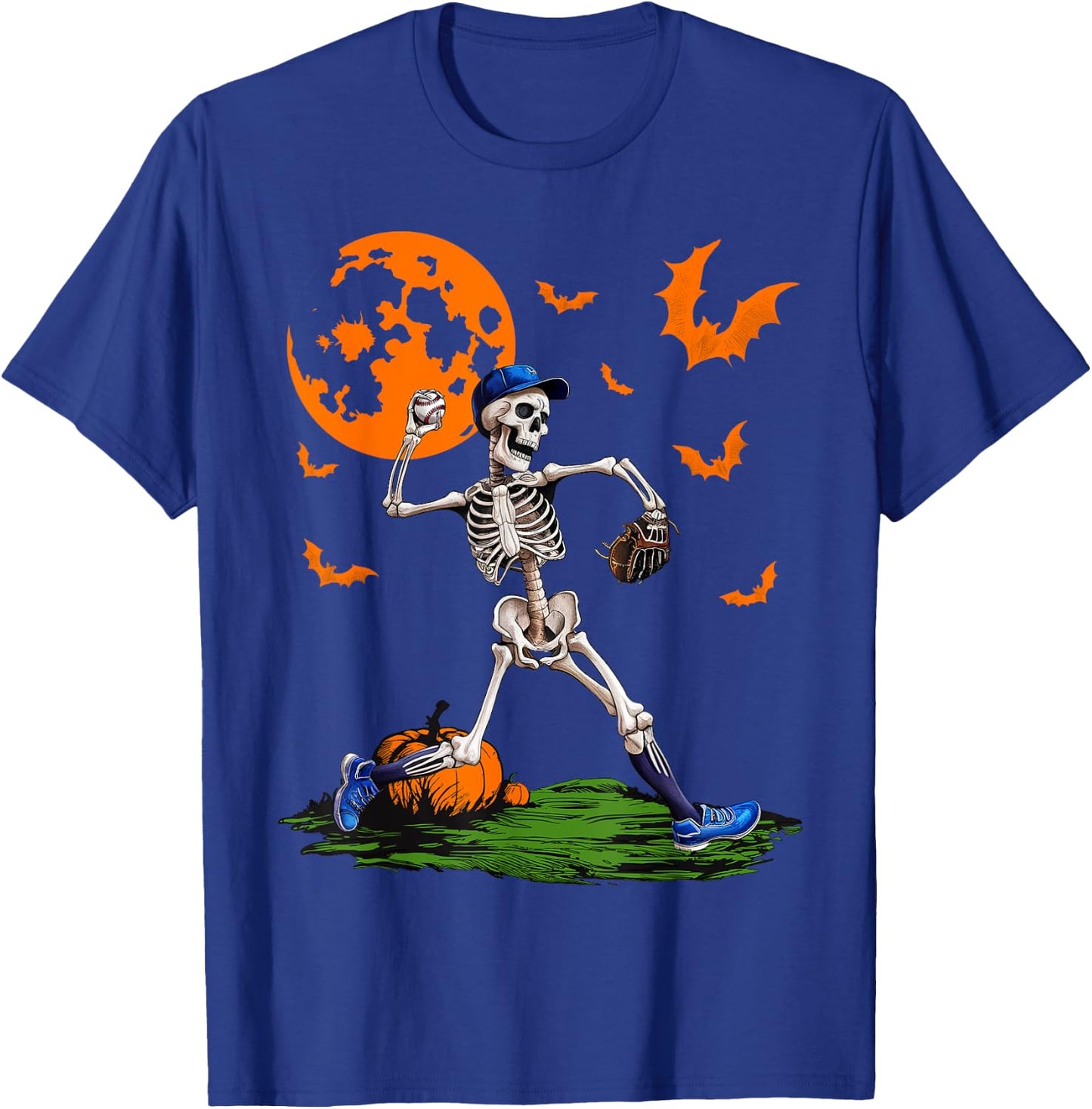 Baseball Skeleton Halloween Men Boys Baseball Spooky Season T-Shirt - T-Shirt | Royal