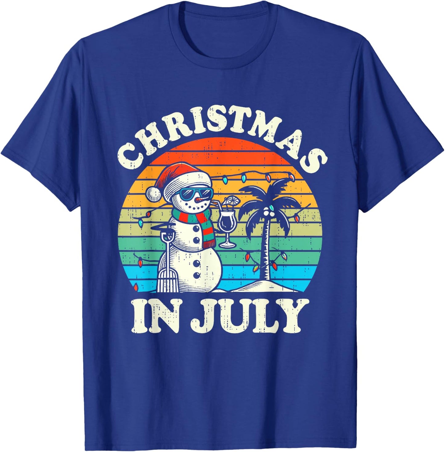 Vintage Christmas in July Snowman Summer Beach Vacation Xmas T-Shirt - T-Shirt | Royal