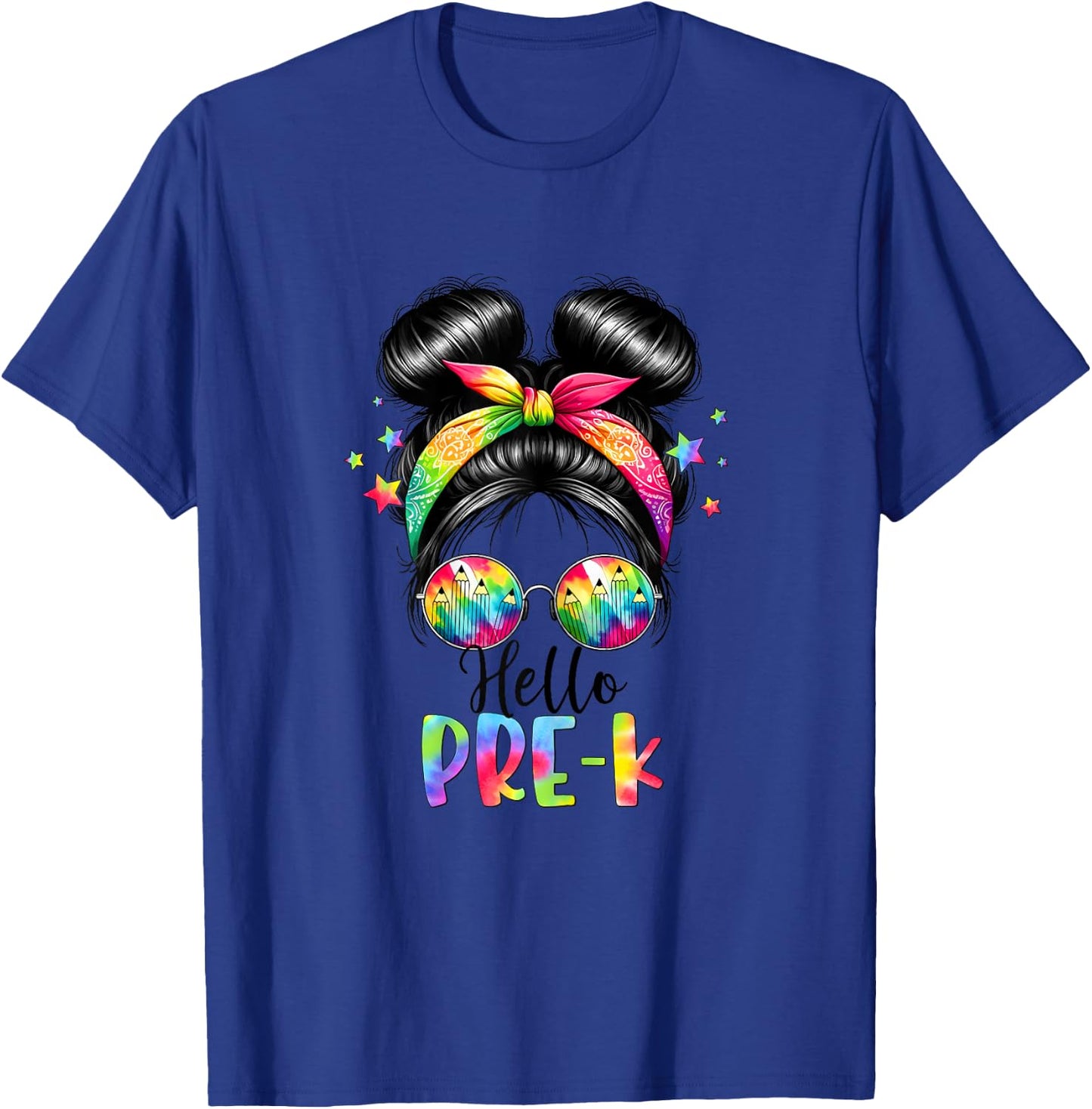 Hello Pre-K Messy Hair Bun Girl Back To School First Day T-Shirt - T-Shirt | Royal