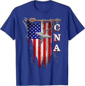 Proud CNA - American Flag Torn - Caduceus T-Shirt - T-Shirt | Royal