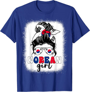 Korean Girl Messy Bun Korea Flag Patriotic Women Kids T-Shirt - T-Shirt | Royal