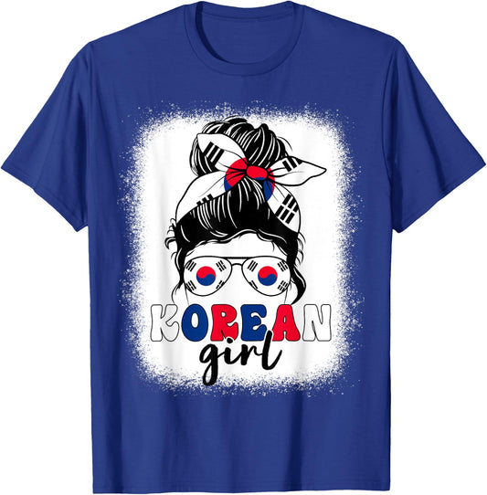 Korean Girl Messy Bun Korea Flag Patriotic Women Kids T-Shirt - T-Shirt | Royal