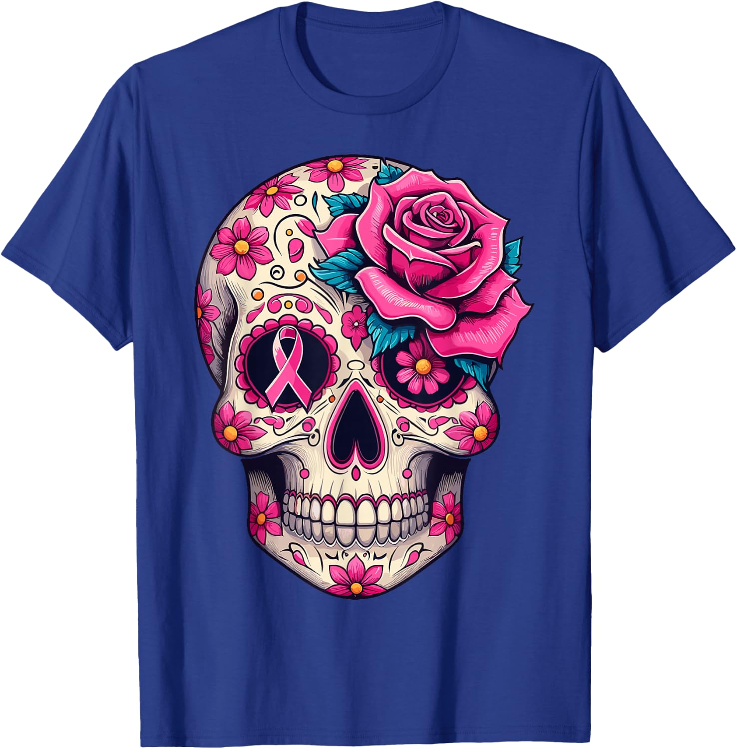 Sugar Skull Pink Ribbon Calavera Breast Cancer Awareness T-Shirt - T-Shirt | Royal