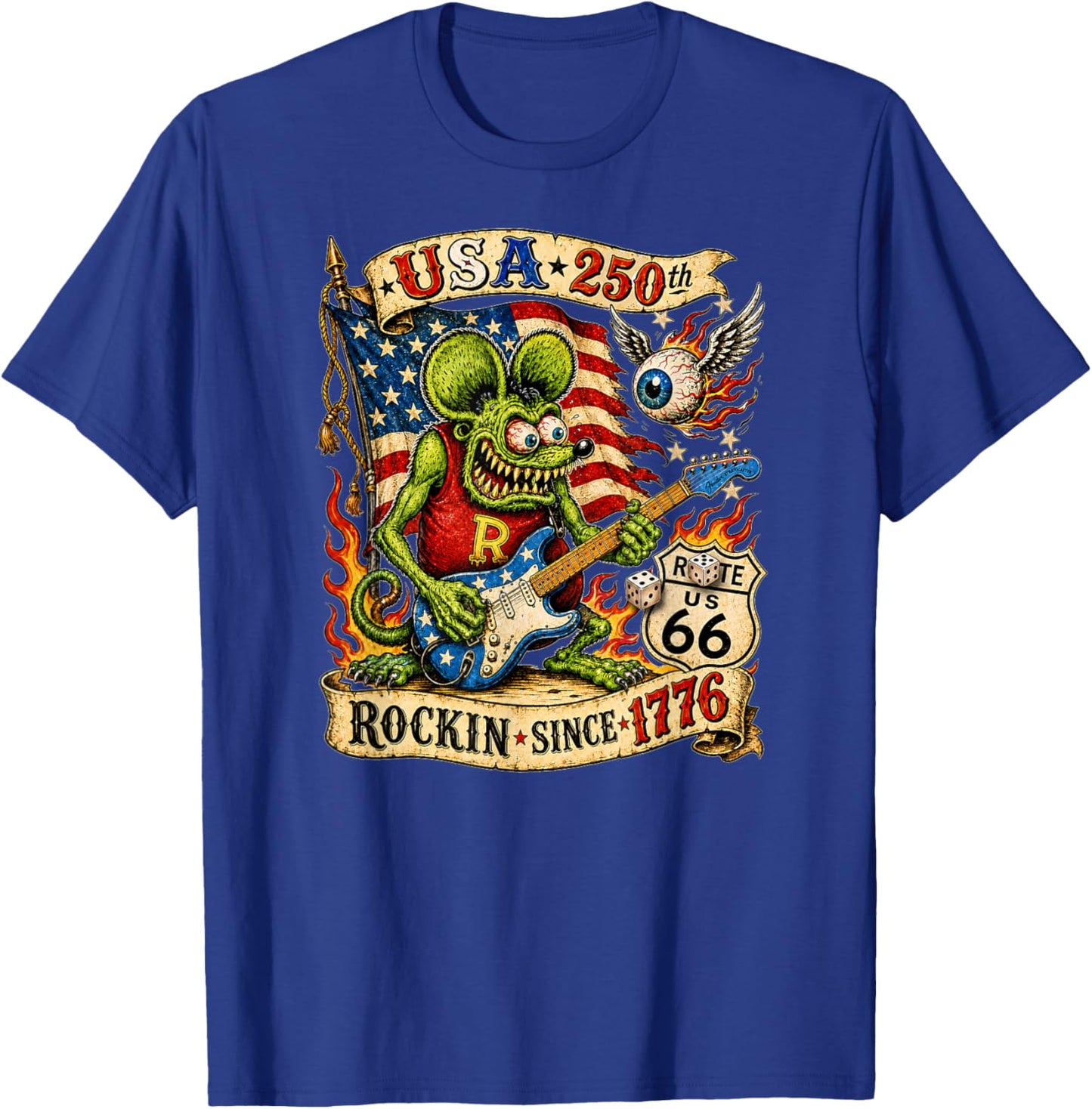 USA 250 Rat Fink Roote Guitar Music Highway 66 Vintage Retro T-Shirt - T-Shirt | Royal