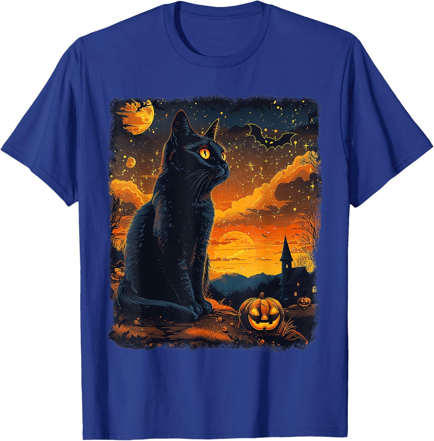 Black Cat Starry Night Van Gogh Pumpkins Bats Halloween Crew T-Shirt - T-Shirt | Royal