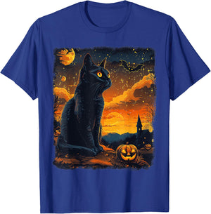 Black Cat Starry Night Van Gogh Pumpkins Bats Halloween Crew T-Shirt - T-Shirt | Royal