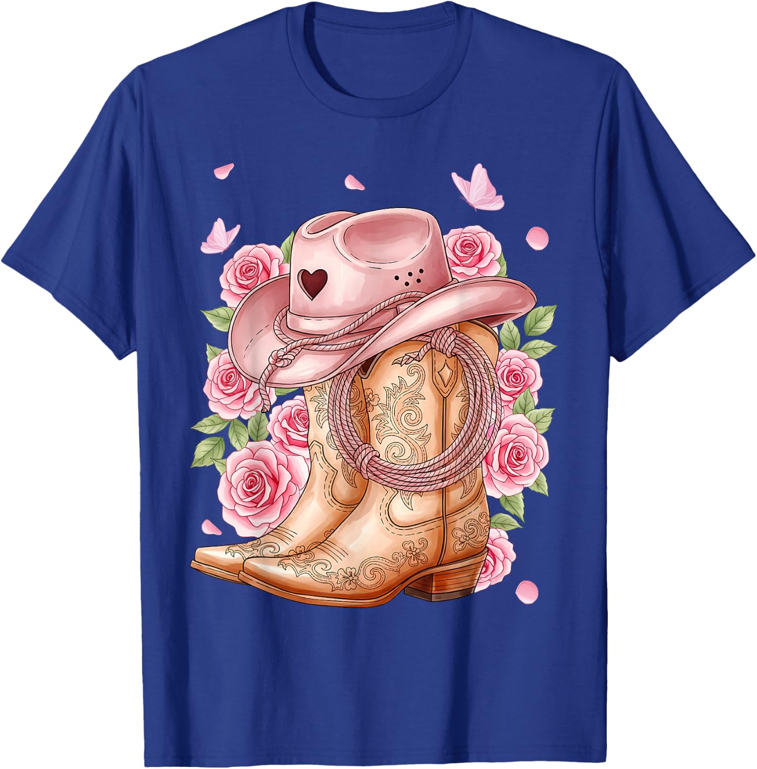 Western Country Pink Cowboy Boots Cowgirl Hat and Roses T-Shirt - T-Shirt | Royal