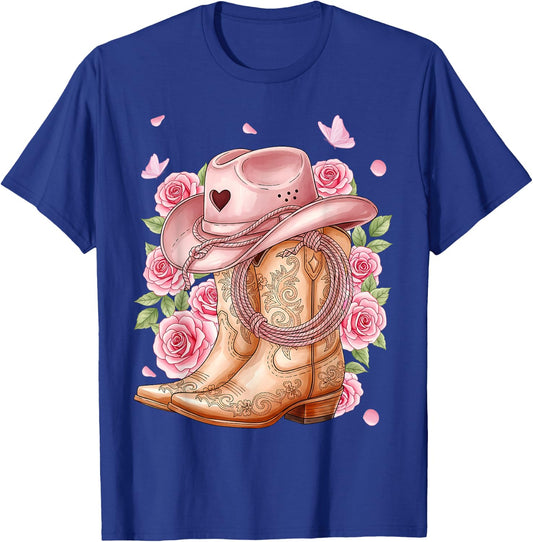 Western Country Pink Cowboy Boots Cowgirl Hat and Roses T-Shirt - T-Shirt | Royal
