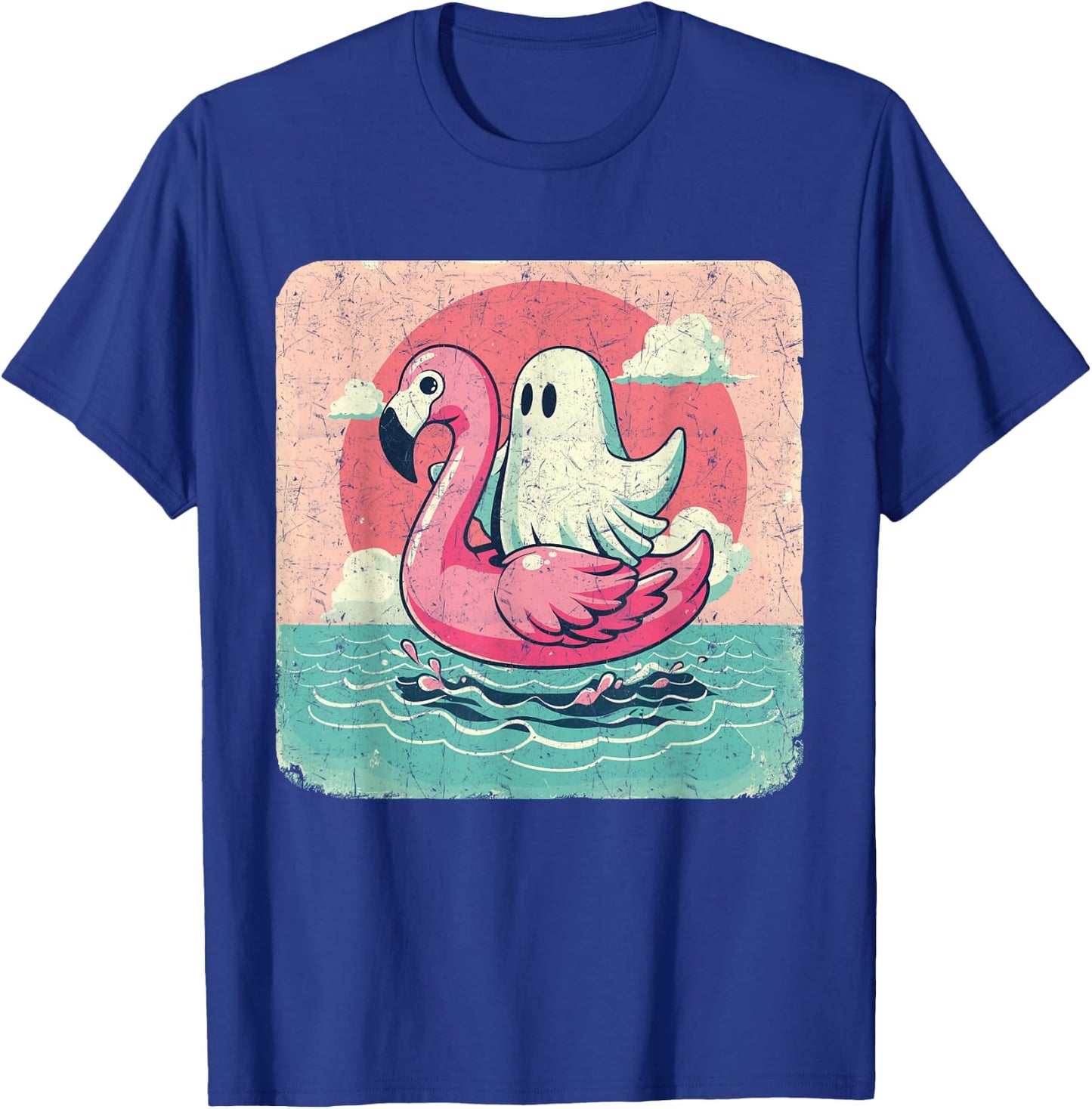 Funny Pool Vintage Ghost On A Pink Flamingo Summer Halloween Men Women T-Shirt - T-Shirt | Royal