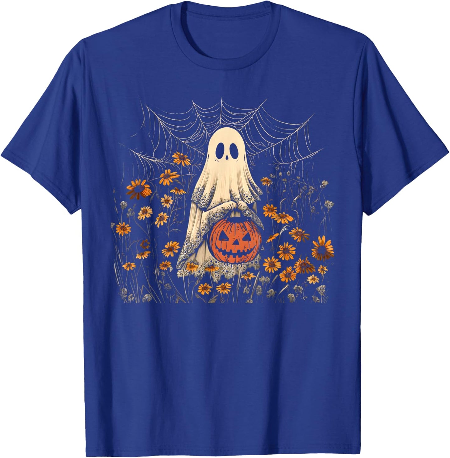 Retro Floral Lace Ghost Pumpkin Spooky Halloween Girls Women T-Shirt - T-Shirt | Royal