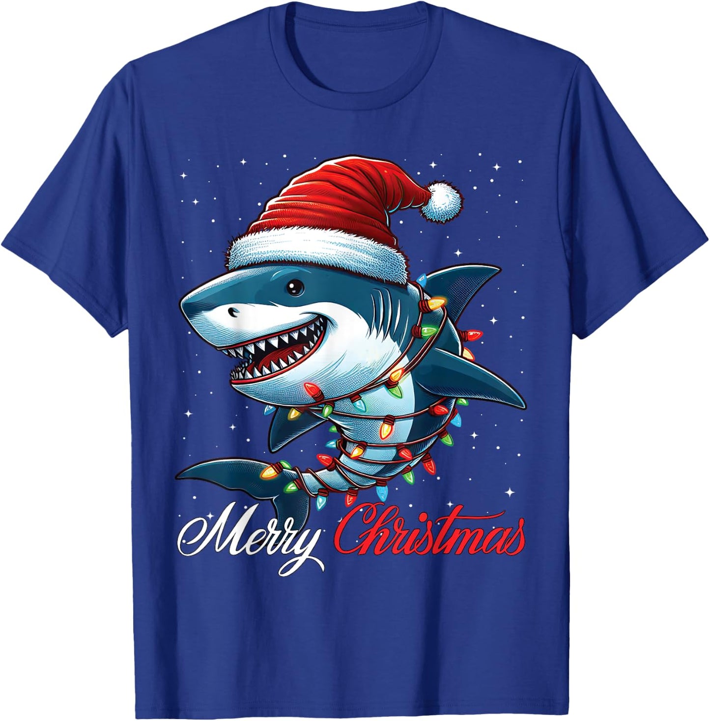 Shark Santa Hat Merry Christmas Lights Xmas Snow T-Shirt - T-Shirt | Royal