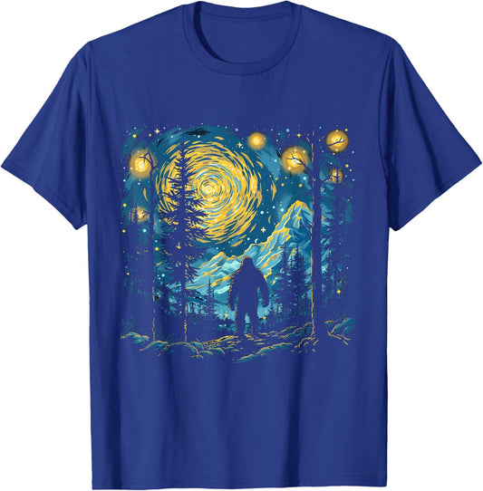 Funny Bigfoot Starry Night Sasquatch Van Gogh Sky Painting T-Shirt - T-Shirt | Royal