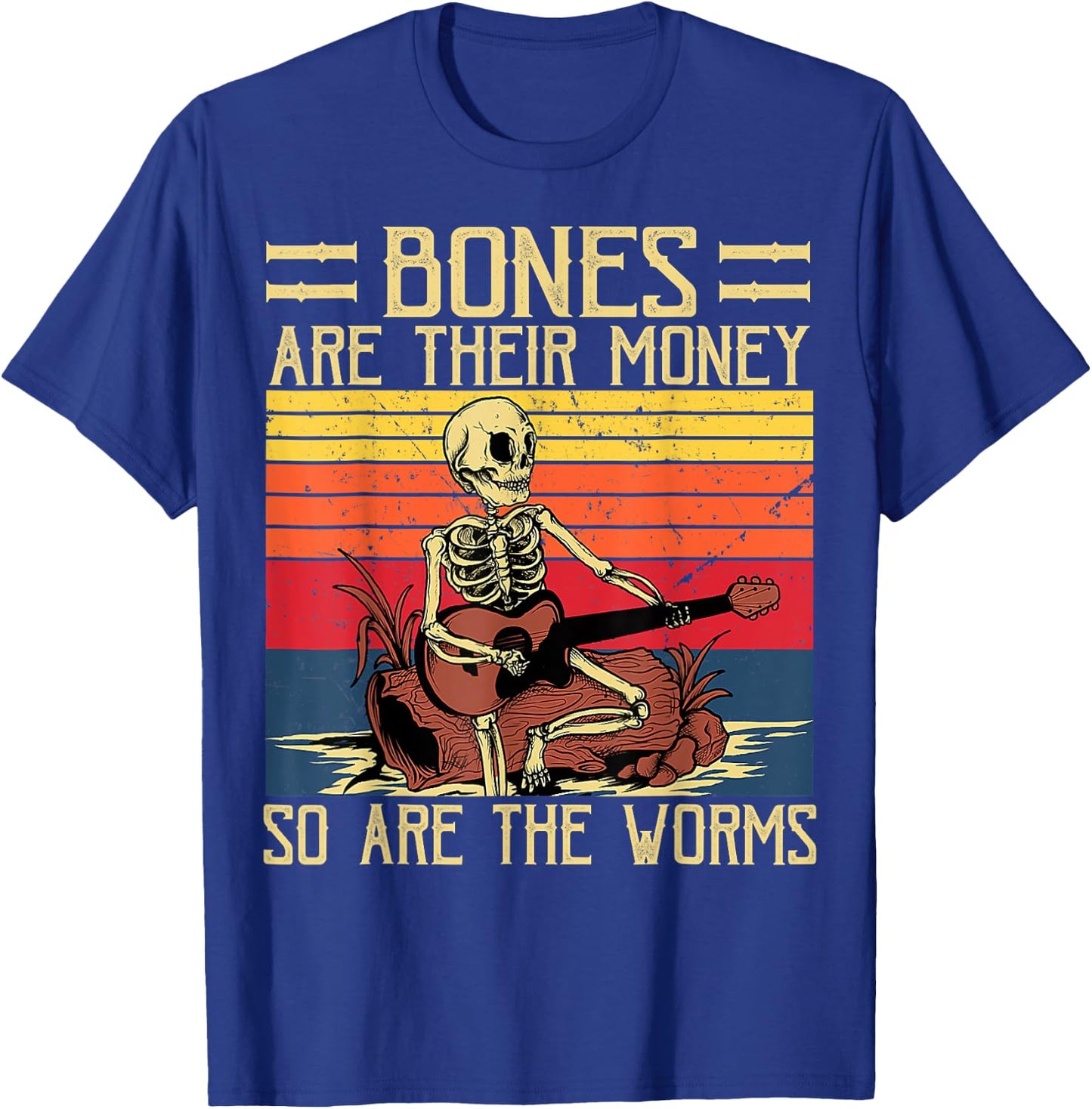 Bones Are Their Money, Skeleton Playing Guitar Retro Vintage T-Shirt - T-Shirt | Royal