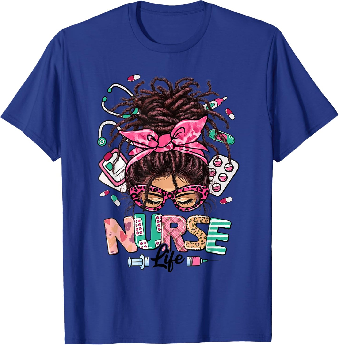 Nurse Life Black Women Messy Bun Loc Hair Nurse Gifts T-Shirt - T-Shirt | Royal