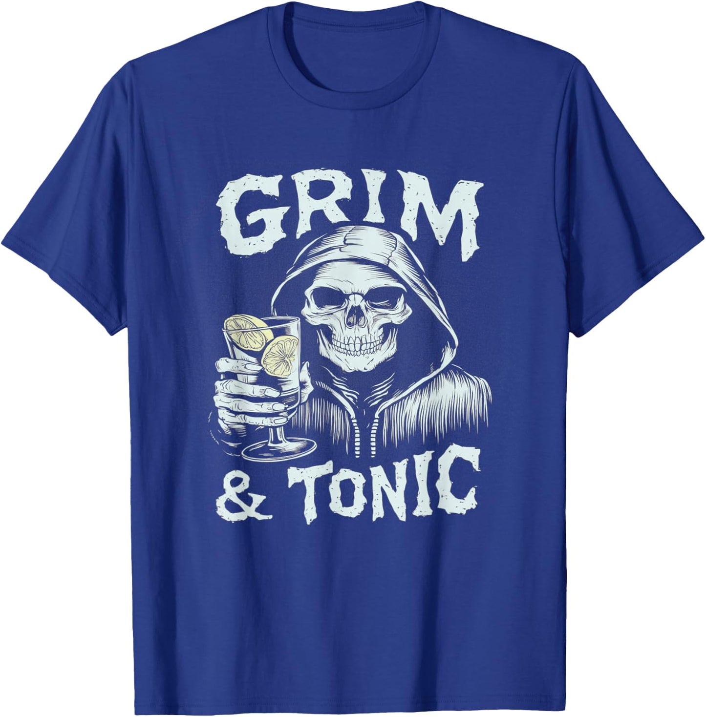 Grim & Tonic Skeleton Drinking GIn Halloween Alcohol Pun T-Shirt - T-Shirt | Royal