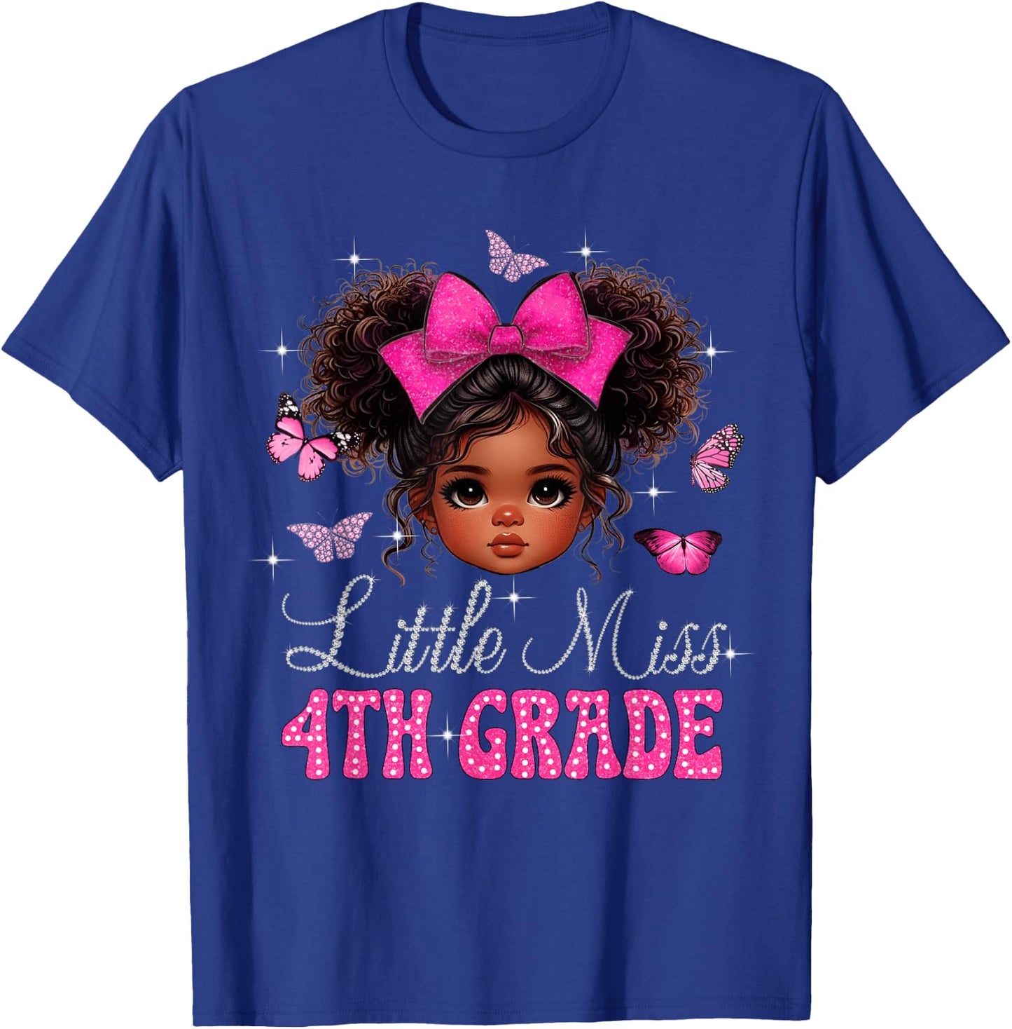 Little Miss 4th Grade Messy Bun Black Girls Back To School T-Shirt - T-Shirt | Royal