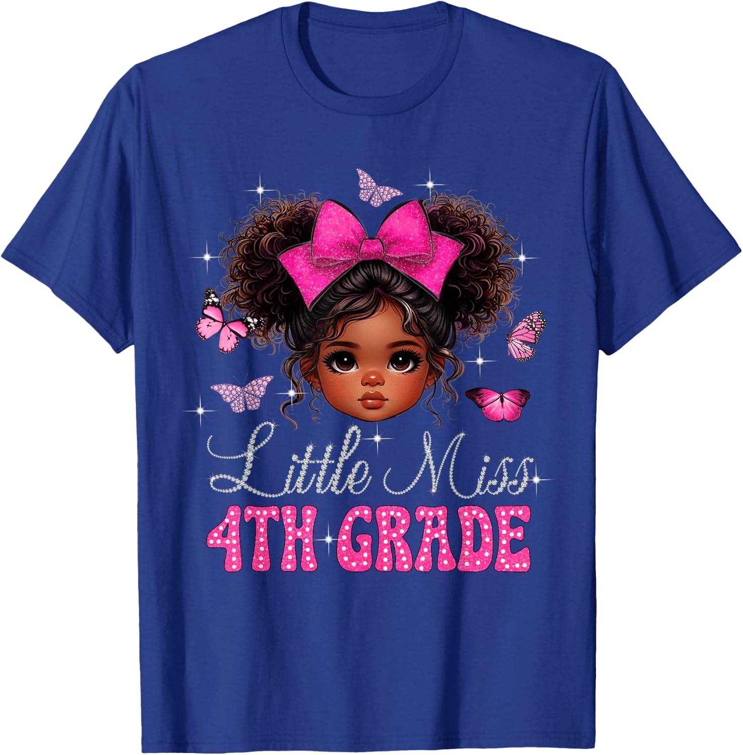 Little Miss 4th Grade Messy Bun Black Girls Back To School T-Shirt - T-Shirt | Royal