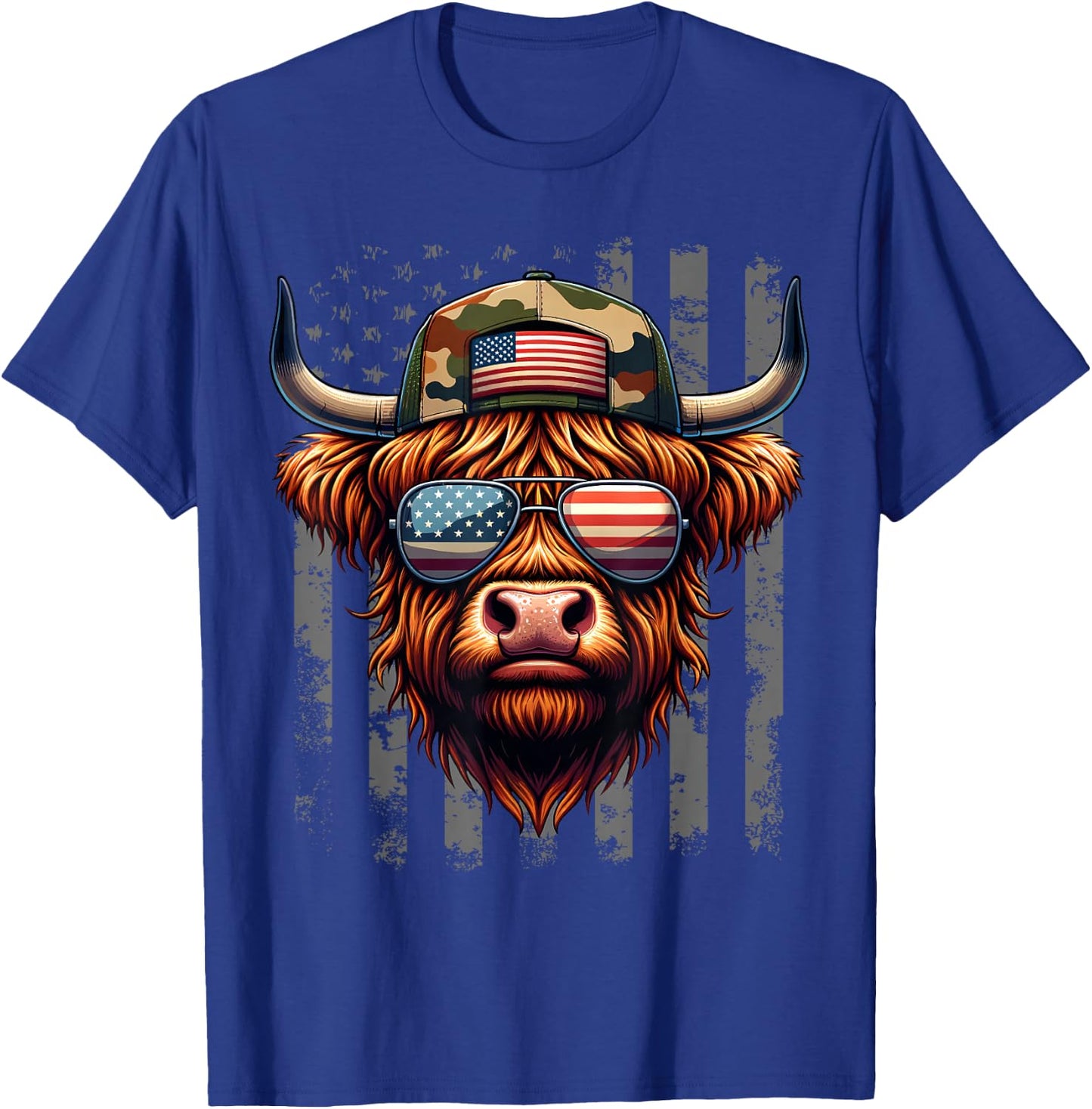 Highland Cow 4th July USA Flag Dad Father America Men Boys T-Shirt - T-Shirt | Royal