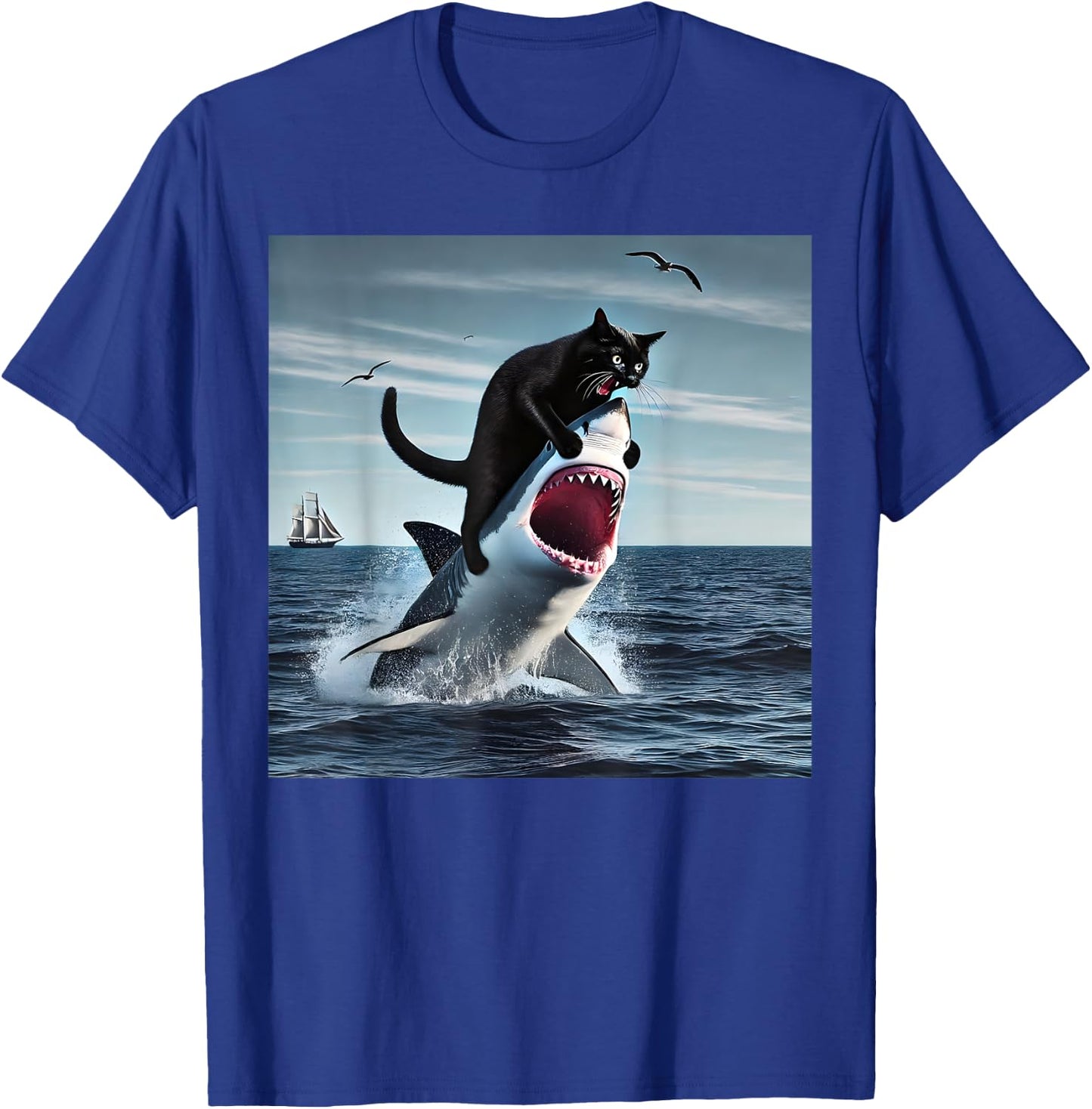 funny Art & Cat Lover Quote Cat Biting Shark Cool Black Cat Men Women T-Shirt - T-Shirt | Royal