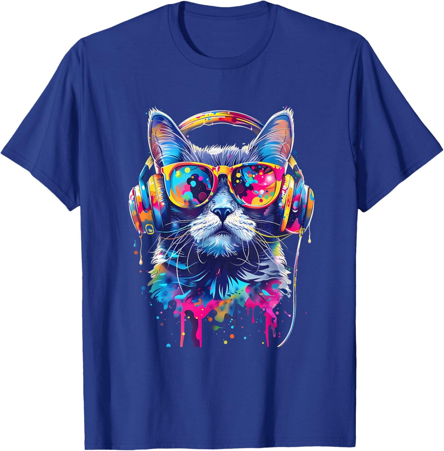 DJ Cat Music Headphones Beatmaker EDM Cat Music DJ Splash T-Shirt - T-Shirt | Royal